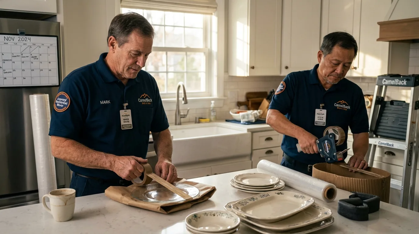 Professional crew packing kitchen dishware in Koloa, HI